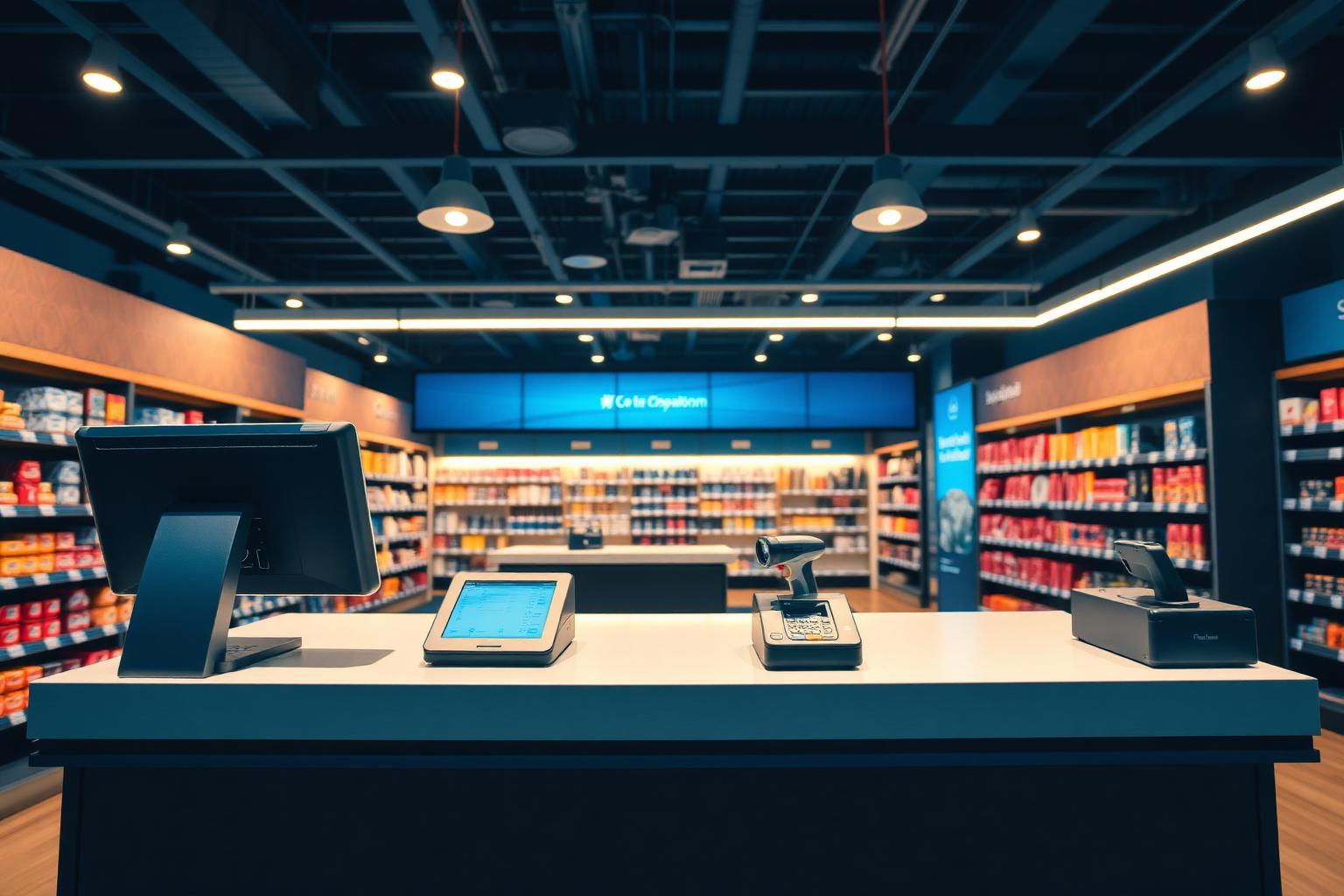 Balcão de checkout de loja com terminal PDV, impressora térmica e leitor de código de barras