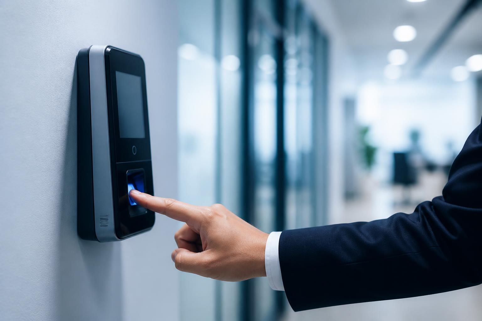 Colaborador registrando ponto em terminal biométrico em um escritório moderno